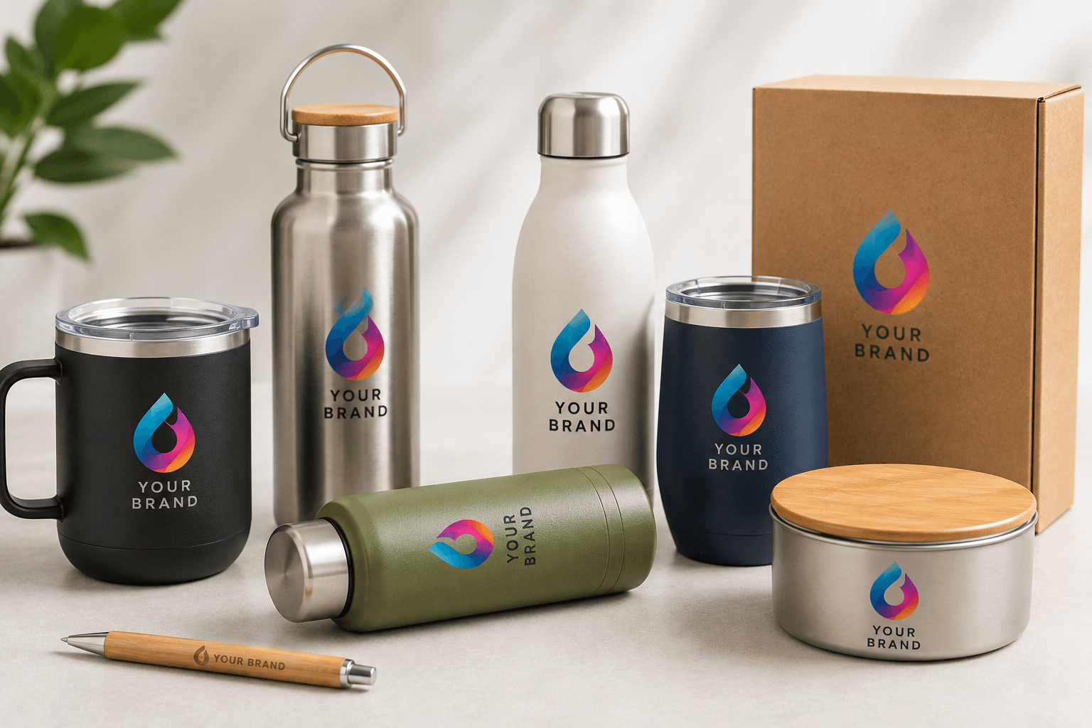 Bottles, mugs, a tumbler, a tin and a pen, each carrying the same customer logo