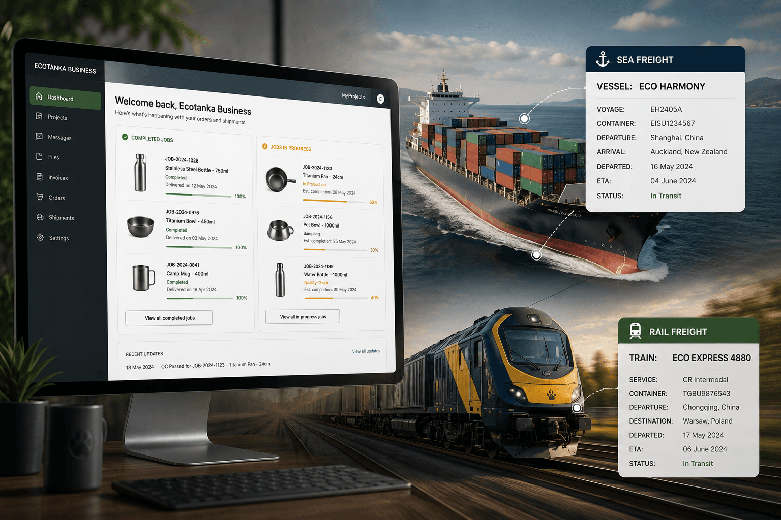 An order moving from production and project management through sea, air and rail freight to delivery