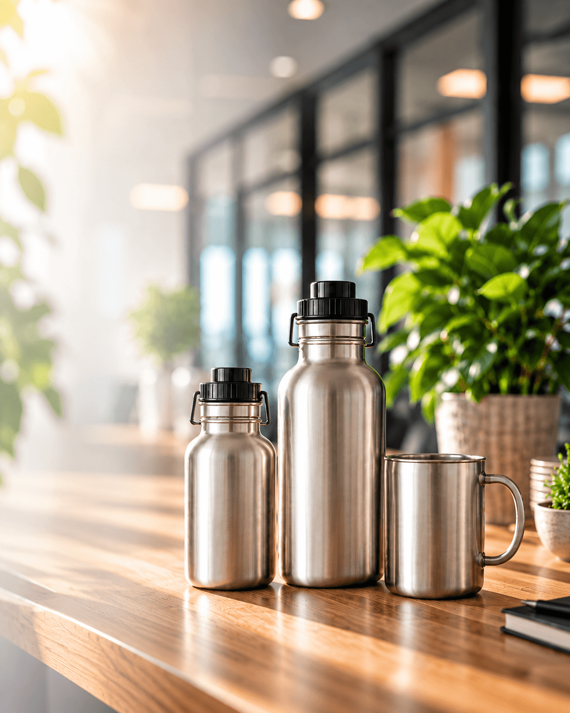 ecotanka stainless steel bottles and mug on a counter in a modern office
