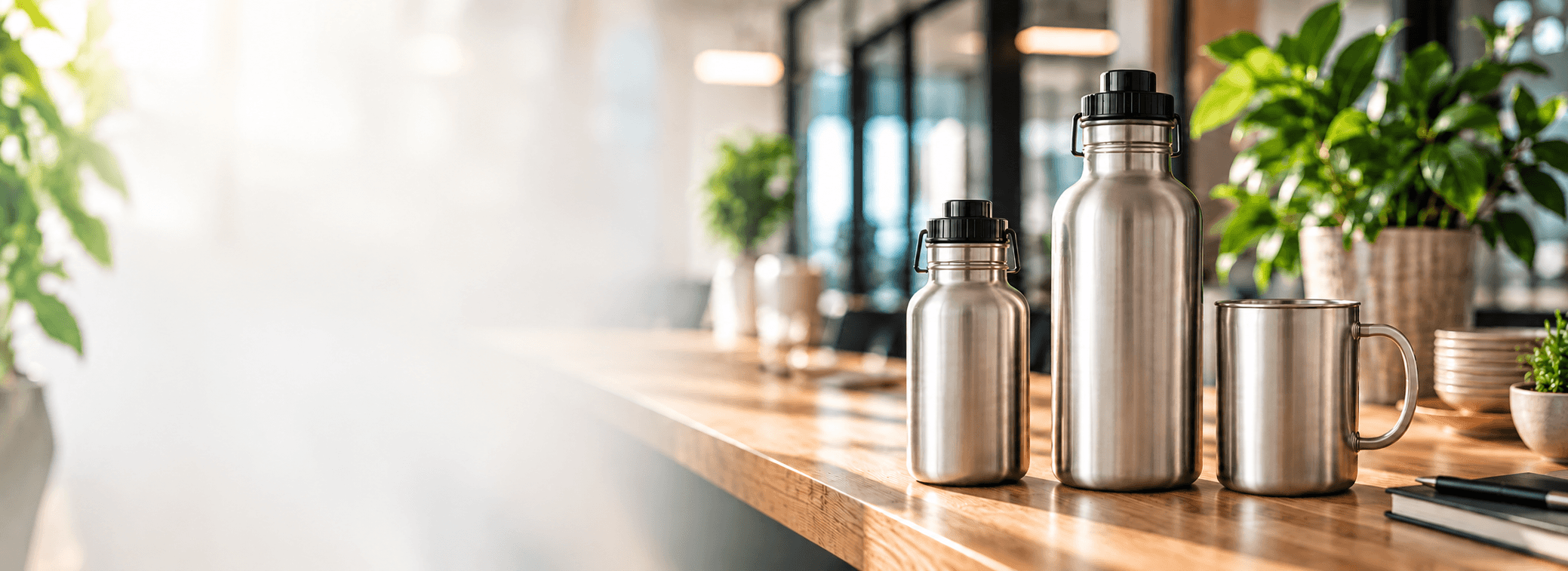 ecotanka stainless steel bottles and mug on a counter in a modern office